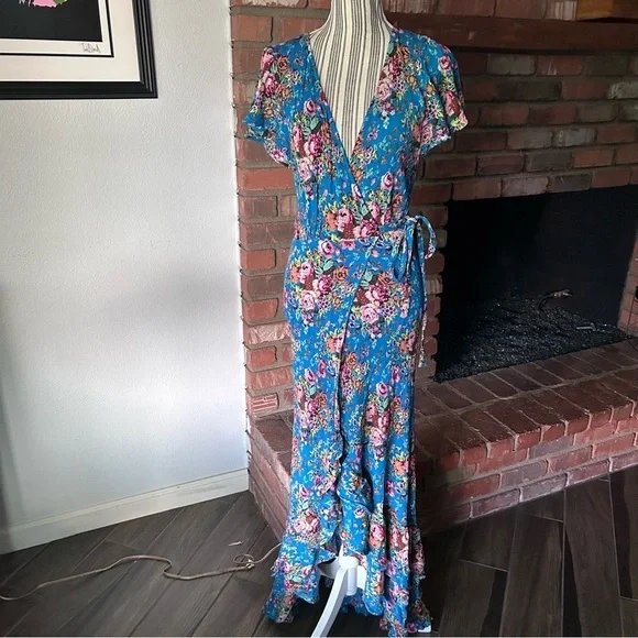 Auguste Beach House Frill Wrap Floral Maxi Dress in Blue Sz 6 - Picture 4 of 12
